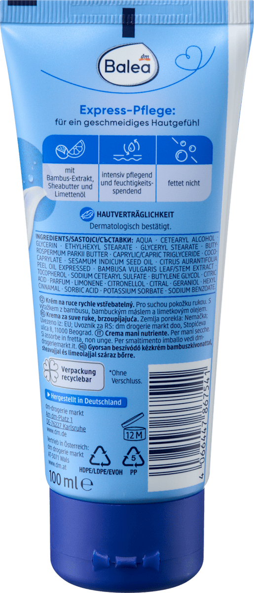 Balea Fast-Absorbing Hand Cream for Dry Skin – Vegan – 3.4 fl oz