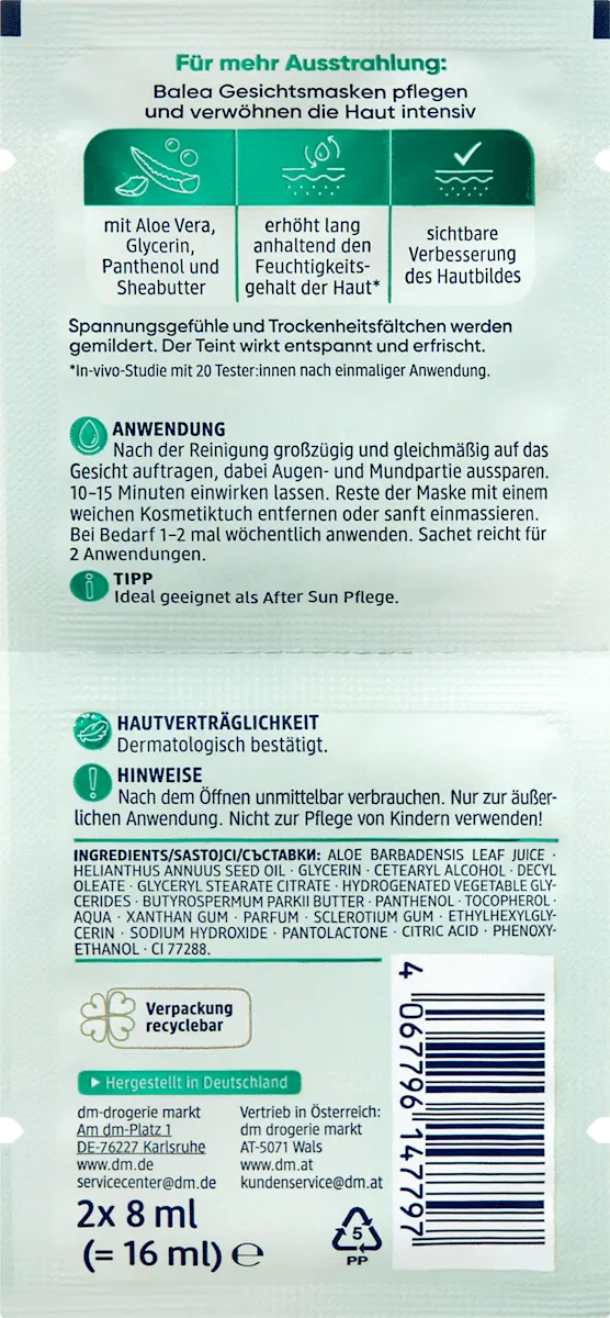Gesichtsmaske Aloe Vera, 16 ml